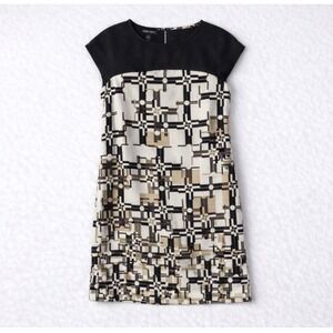 Nine West Shift Dress Size 2‎ Black Beige Geometric Cap Sleeve Work Colorblock